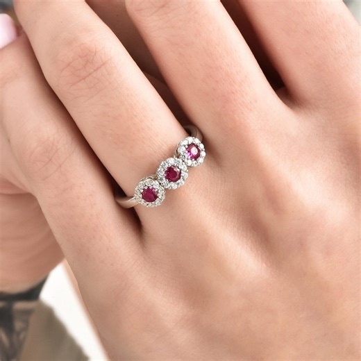 Three Round Ruby Ring, Pave Cubic Zircon Silver Band, Trilogy Style - Etsy