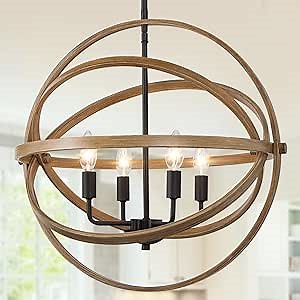 LALUZ Farmhouse Chandelier for Dining Room, 4-Light Orb Chandelier Light Fixture for Kitchen Island, Wood Finish, 21” Dia