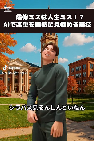 📢 「履修登録ミスると詰むぞ…！」 「楽単か鬼ムズか、どうやって見極める？」 🧠 ChatGPTなら、シラバスを一瞬で分析！ ✔ 出席点の比率 ✔ 試験の有無 ✔ 課題の頻度 📊 AIが「楽単スコア」を判定！ 💡 「この授業楽だった！」ってコメントでシェアしよう！ 📌 保存して履修登録前に試してみて！ ⸻ 🔥 ハッシュタグ（バランス重視） #大学生 #AI活用#履修登録 #楽単#授業