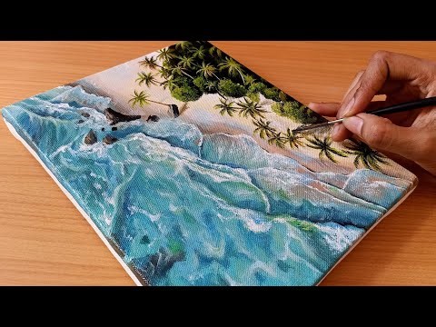 Easy Way to Paint a Relaxing Beach With Palm Tree/ 🌴 🌊/ Sea Waves Acrylic Painting