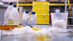 A closeup of a spill containment area reveals a setup of absorbent materials and tools ready to respond in case of emergency spills during the handling or disposal of chemical Stock Video