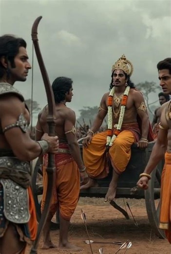 Mahabharata war scene, Karna standing on battlefield,his chariot wheel stuck in the ground,emotional