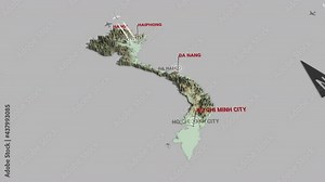 Seamless looping animation of the 3d terrain map of Vietnam with the capital and the biggest cites in 4K resolution