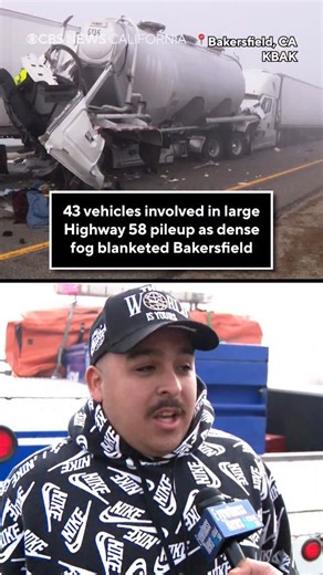 43 vehicles were involved in a crash on eastbound Highway 58 near Bakersfield on Tuesday morning, the California Highway Patrol confirms. CHP says the incident happened around 8:07 a.m. near Towerline Road and that heavy fog is believed to have played a factor in two separate, three-to-four-vehicle crashes that continued to escalate in the limited visibility. At least nine people are reported to have been injured. | CBS LA