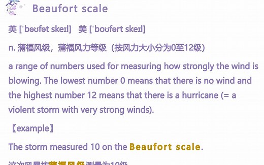 Beaufort scale蒲福风级，蒲福风力等级（按风力大小分为0至12级）