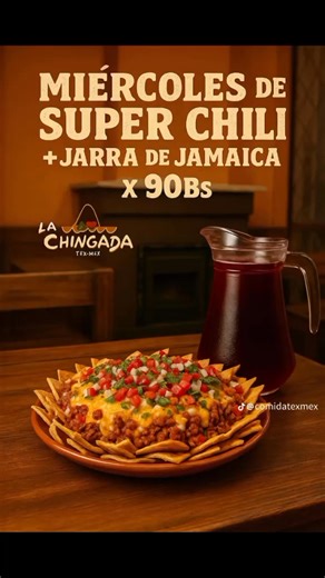 🌶 ¡Miércoles de Súper Chili en La Chingada! 🇲🇽 Ven a disfrutar nuestros nachos más potentes y llenos de sabor, cubiertos con carne, frijoles, queso fundido y el toque picante que solo La Chingada sabe dar 🤤 Y para que el combo sea perfecto, te llevas una jarra de agua de jamaica bien fría, refrescante y deliciosa 🍹 💥 Todo por solo 90 Bs. 📍 Calle José Quintín Mendoza esq. Teófilo Vargas 📞 Pedidos y reservas: 69555070 #LaChingadaTexMex #SuperChili #MiércolesDePicante #SaborMexicano #Nachos