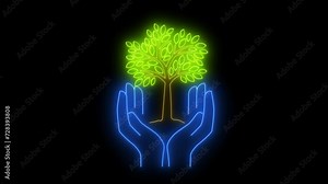 Ecological, renewable energy and save environment concept. Climate neutral long term strategy. 4K Video motion graphic animation of human hand showing tree icon isolated on transparent background.