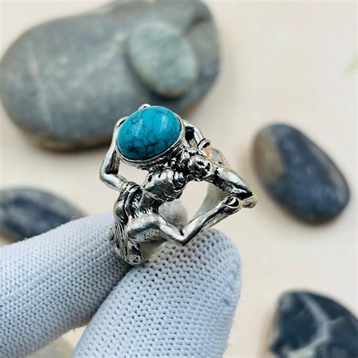 Blue Turquoise Round Cabochon Ring With Silver Tone Sculptural Figure Design, Adjustable Statement Art Ring - Etsy