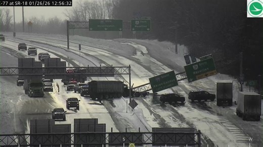 Crash at SR-18 and I-77 knocks down overhead sign, closes ramp