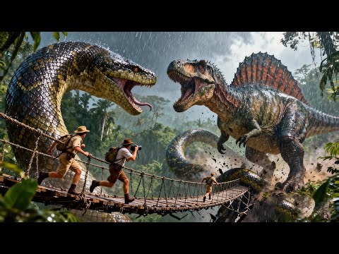 Fleeing a mega-snake, humans watch a dinosaur burst out and devour it.