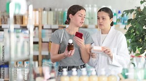 Positive young woman choosing medicinal cough liquid syrup and scan QR code on label at big pharmacy, asian woman pharmacist consulting customer