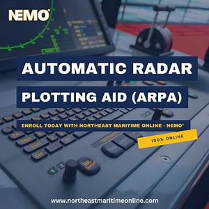 Northeast Maritime Online - NEMO° is now offering an Automatic Radar Plotting Aid (ARPA) online course! This course provides training in the basic theory and use of automatic radar plotting aids for those who will be in charge of a navigational watch in vessels equipped with ARPA. For more information and to sign up for this course, visit https://northeastmaritimeonline.com/product/arpa/ #arpa #radar #maritime #maritimetraining #maritimecareers | Northeast Maritime Institute