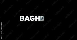 A smooth and high quality, silver 3D text reveal of the capital city "BAGHDAD". The text animates in and out smoothly and is repeated on a green background so it can be used with transparency.