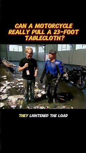 Can a motorcycle really pull a 23-foot tablecloth? #mythbusters #experiements #knowledge