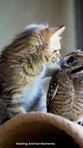 Kitten Hugs His Owl Bestie… Cutest Friendship Ever! 🐱🦉#owl #kitten #cuteanimals #owls #cats #cute