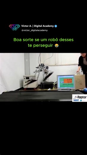 Victor A. | Digital Academy on Instagram: "Conheça o Raptor, um robô de duas pernas criado pelo laboratório MSC do KAIST. Com materiais leves, mecânica de molas e um sistema de equilíbrio inspirado em caudas, ele chegou a incríveis 46 km/h na esteira — batendo o recorde mundial de velocidade humana. O design foi todo inspirado no movimento dos velociraptors pra focar em velocidade e agilidade máxima. 🦖 O que você acha de robôs correndo tão rápido assim? 🤔💬 🎥: KAIST Mechatronics, Systems, and