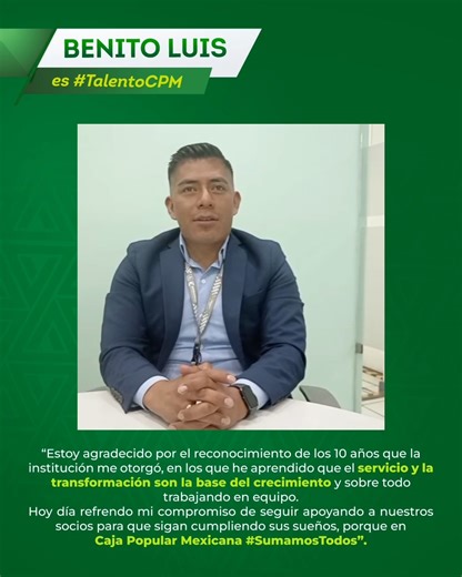 Benito Luis es parte de nuestro #TalentoCPM y nos cuenta qué es lo que más lo llena de orgullo de ser parte de la cooperativa. Conoce nuestras vacantes en https://talento.cpm.coop | Caja Popular Mexicana