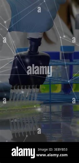 Pipetting technician wearing lab coat and blue nitrile glove using 8-channel pipette over plate. Multiwell, benchtop, reagent, glassware, laboratory, science, vertical video Stock Video Footage - Alamy