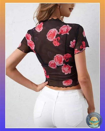 Fitted Mesh T Shirt With Floral Print And Sheer Stretch