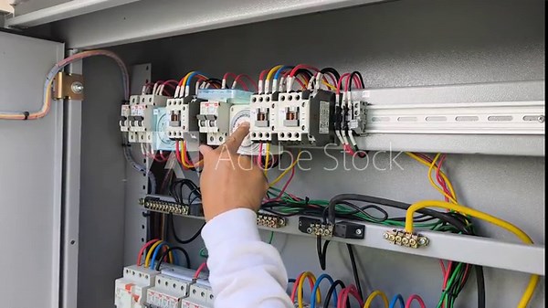 A close-up view of the inner workings of an electrical distribution board. The panel displays various essential components, including fuses, circuit breakers, and wiring, managing the power supply.