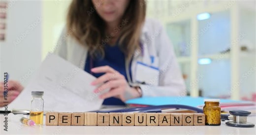Woman veterinarian completes insurance paperwork for animals. Wooden cubes form words Pet Insurance near veterinary medication and stethoscope