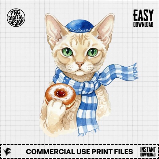 Aquarell Devon Rex Katze PNG, Chanukka-Katze Kunstdruck für Urlaub Sublimation (Digitaler Download) - Etsy.de