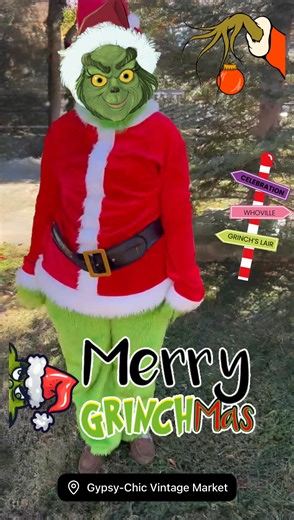 The Grinch is on the loose and ready for mischief! Catch him roaming the market for festive fun and photos with your family and friends. This green guy is guaranteed to bring giggles and grins to shoppers of all ages! Come see him today at Gypsy-Chic Vintage Market! Sunday, 11/16, 11am-3pm. | Gypsy-Chic Vintage Market
