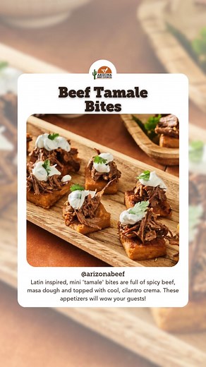 Latin inspired, mini 'tamale' bites are full of spicy beef, masa dough and topped with cool, cilantro crema. These appetizers will wow your guests! | Arizona Beef