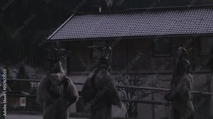A Traditional Krampus group runs away in Gastein Austria Folklore during christmas in Salzburg. Mountain village demons with masks and horn during advent. Saint Nicholas and his krampus.