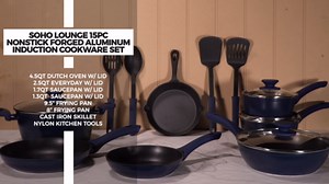 Gibson Soho Lounge Nonstick Forged Aluminum Induction Pots and Pans Cookware Set W/Cast Iron Skillet, 15-Piece Set, Black