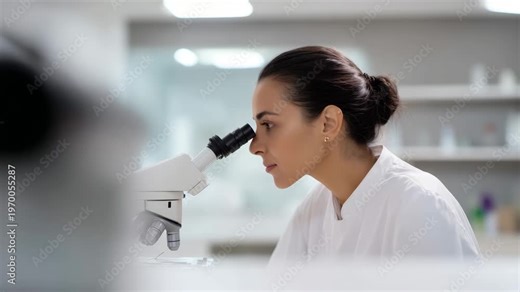 female scientist looking through microscope Professional scientist performing analysis in modern biomedical laboratory. scientist, laboratory, biomedical research, healthcare, diagnostics, science, te