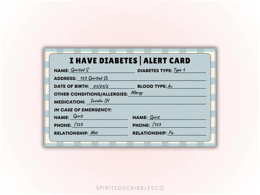 Printable Diabetes Alert Card Medical ID Ice Tag Emergency Diabetic Wallet Information Card Template | PNG & PDF Print Digital Download - Etsy