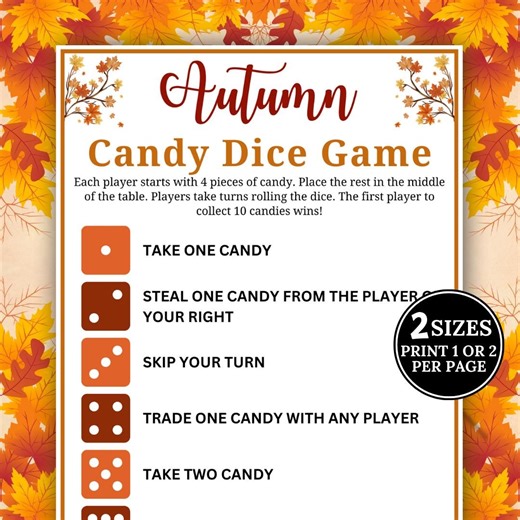 Candy Dice Game, Fall Party Game, Pass the Candy Dice Game, Group Party Game for All Ages,printable Autumn Activity Dice Game Classroom Game - Etsy