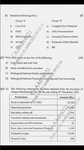 S.Y.B.com : Cost Work Of Accounting - (Sem-3) SPPU Question paper 📋🖊️