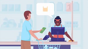 Animated payment at checkout. Cashier at cash register. Buying goods. Store service. Looped flat color 2D cartoon characters animation with supermarket on background. HD video with alpha channel