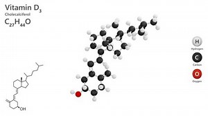 Cholecalciferol or Vitamin D3. Animated 3d model of molecule. Molecular formula: C27H44O. Chemical model: Ball and Stick. White background. 3d rendering. Seamless loop