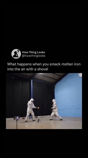How Things Look on Instagram: "When molten iron is disturbed suddenly for example by a heavy tool hitting it, or throwing a scoop with force the liquid metal doesn’t stay calm. Because molten iron is extremely hot (often over 1500 °C) and highly fluid, a strong impact or jostle will cause parts of it to splash, scatter, or break apart into droplets. Those droplets can travel outward at high speed, radiating intense heat. Anyone nearby can be hit by hot metal fragments, suffering severe burns or 