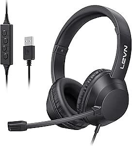 LEVN Headset with Mic, USB Headset with Microphone for PC, Headphones with Mic for Pc with Noise Canceling Microphone for Laptop, USB Headphones for Work from Home/Call Center/Open Office, Black