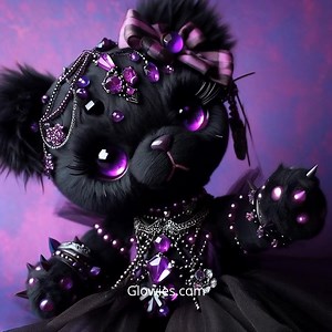 gothic black and purple teddy bear showing some amethyst crystal jewelry | Gothic Darling