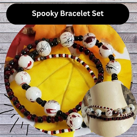 Get into the spooky spirit with his unique horror-themed beaded bracelet set. Featuring bold black, red and white beads along with eerie blood splatter details. This set is perfect for Halloween enthusiasts or anyone who loves a touch of macabre. Each bracelet is carefully crafted to invoke a chilling yet stylish look making it an ideal accessory for Halloween parties, costume events or year round spooky fashions #smallbusiness #Etsyshop #spooky #macabre #spookyfashion #etsy | Buried Jewelry