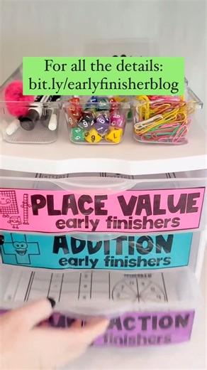 How do you set up an early finisher station? A little something like this! ✨ Comment FINISHER for all the details on my early finisher setup, and a few activity ideas! #earlyfinisher #classroomsetup #teachingideas #classroomorganization | Amy Lemons