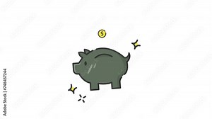 saving money icon animation, piggy and coin icon symbol animated saving, money, icon, animation, piggy, coin, dollar, symbol, video, animated, alpha channel, outline, linear, line art, loopable, flat