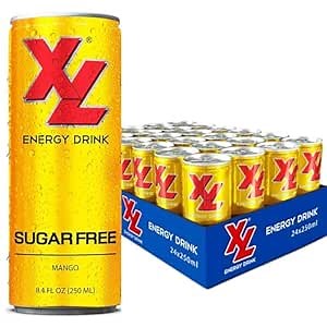 XL Energy Drink Mango, Sugar Free Mango Energy Drink, 8.4 Fl Oz Cans, Zero Sugar, 10 Calories, Carbonated Tropical Drink with Caffeine, Taurine & B Vitamins, Pack of 24