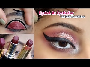 How to use Lipstick as Eyeshadow | Pink Glitter Smokey Eye Makeup Tutorial | Quick Eyemakeup..