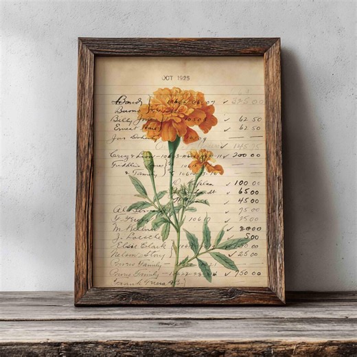 October Birth Month Flower Marigold Print, Vintage Ledger Ephemera Art (digital Download) - Etsy