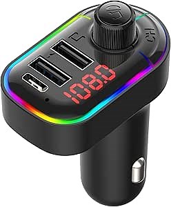 Bluetooth 5.0 FM Transmitter for Car, Wireless Radio Adapter Kit, Hands-Free Calling, MP3 Player, Charger With USB C Port & 2 USB Ports