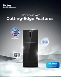 4.4K reactions · 47 shares | Introducing the sleek new Haier IOT Refrigerator. It comes with a sleek design and cutting-edge features like Twin Inverter and Turbo Fans! Buy today and revolutionize your kitchen now! #Haier #IoT #HaierRefrigerator #MoreCreation #MorePossibilities | Haier | Facebook