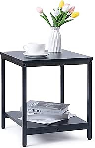 End Table Square Side Table Modern Look Night Stand 2-Tier Rustic End Tables Metal Frame Beside Table for Living Room Bedroom (Black)