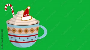 4k Merry Christmas animated cute mug with hot cocoa or coffee sweet cream, gingerbread Christmas tree and hat cookies candy cane Holiday coffee cups with ornaments Isolated on green chroma key screen