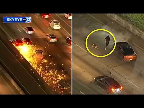 FULL: Dodge Charger 100mph police chase. Dog runs with suspect after I-45 Gulf Freeway fiery crash